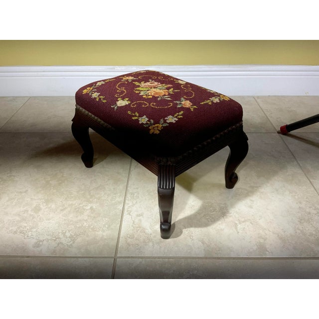 Antique Hand Carved Needlepoint Textile Upholstered Foot Stool For Sale - Image 12 of 13
