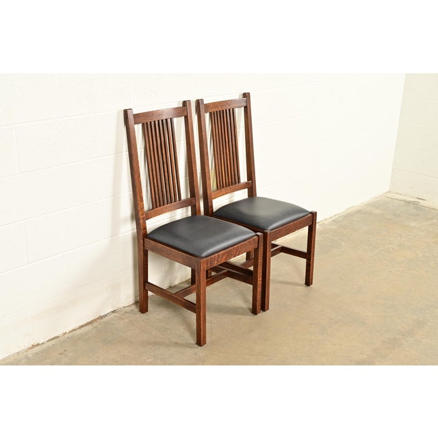 L. & J.G. Stickley, Inc. Stickley Mission Oak Arts & Crafts Spindle Back Side Chairs or Dining Chairs | Pair For Sale - Image 4 of 16