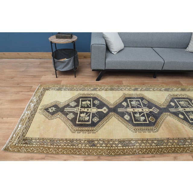 1970s Vintage Turkish Handmade Wool Cotton Beige Runner Rug For Sale - Image 10 of 11