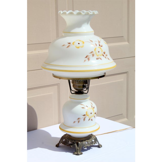 1960s Vintage “Gone With the Wind” Milk Glass Dresser Lamp - Hand-Painted Florals, Brass Base For Sale - Image 5 of 12