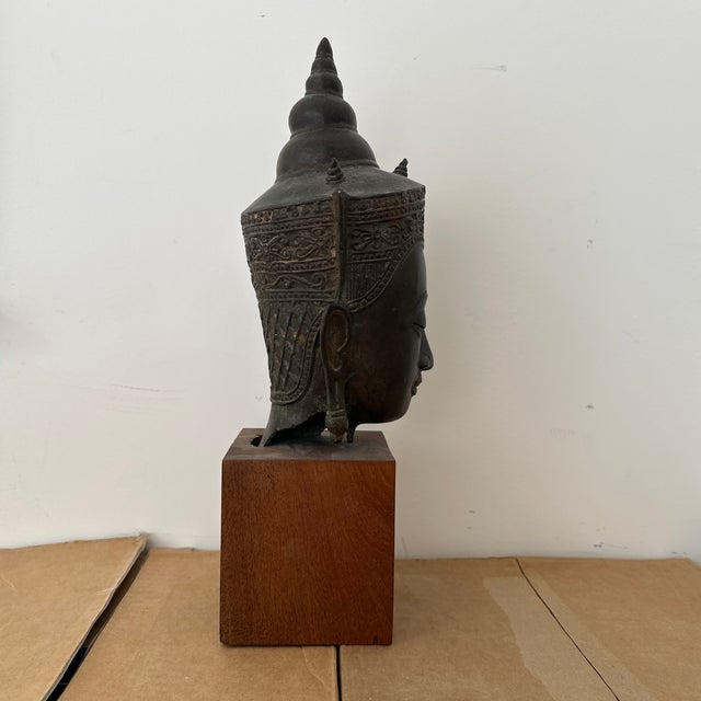 Vintage Bronze Crowned Buddha Head in Thai Ayutthaya Style. Wood Base Sculpture For Sale - Image 11 of 11