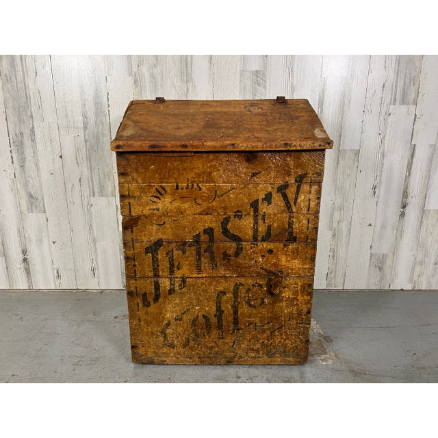 Primitive general store floor bin for the storage of 100lbs. of coffee. Solid planks of pine with painted design of Jersey...
