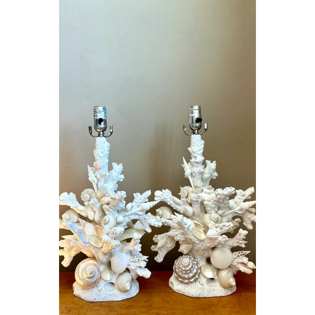 Vintage Shell Encrusted Faux Coral Table Lamps - Pair For Sale - Image 4 of 12