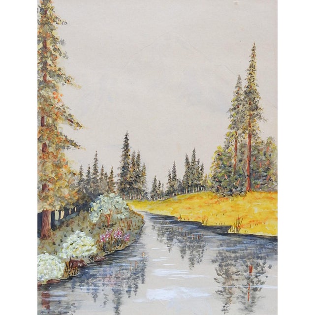 Circa 1940's watercolor and gouache on paper. Landscape with river, evergreens and mist covered mountain in background....