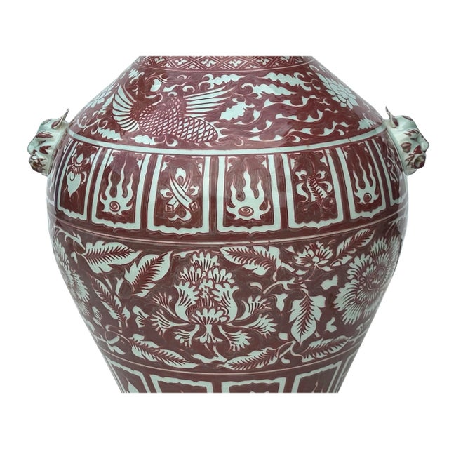 Vintage Copper Red Phoenix Flower Graphic Foo Dog Ear Ceramic Fat Pot Vase For Sale - Image 10 of 11