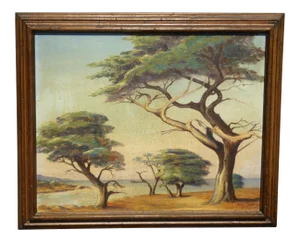 Vintage Oil on Canvas Picture Painting of Trees Signed by Grace Snow