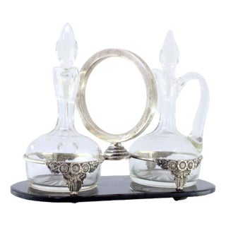 Silver and Cut Glass Cruets with Black Glass Base, Set of 3 For Sale