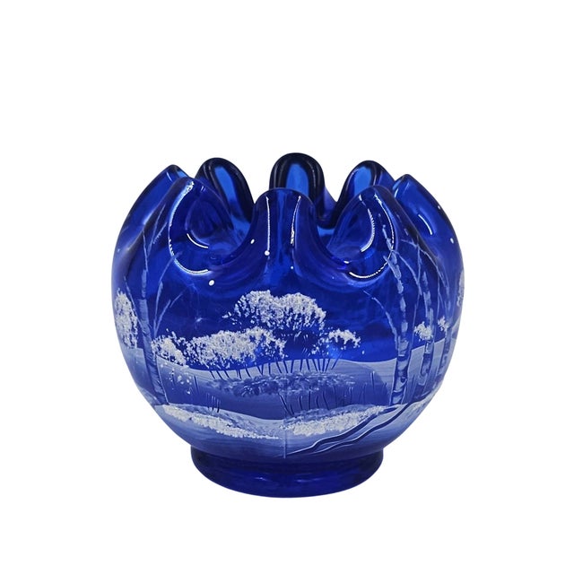 Add a touch of timeless elegance to your collection with this **Vintage Fenton Art Glass Winter Scene Cobalt Blue Ruffled...