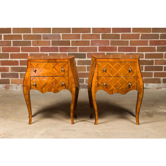 Mid 20th Century Mid 20th Century Italian Rococo Style Burl Wood Marquetry Bedside Chests with Cabriole Legs For Sale - Image 5 of 12