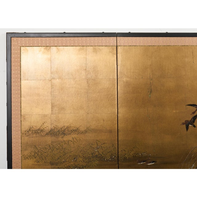 Gold Japanese Showa Four-Panel Screen Wild Geese Autumn Landscape For Sale - Image 8 of 18
