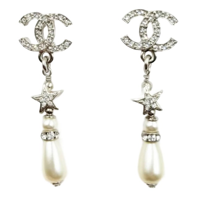 Chanel Brand New Silver CC Crystal Star Tear Drop Pearl Piercing Earrings, A Pair For Sale