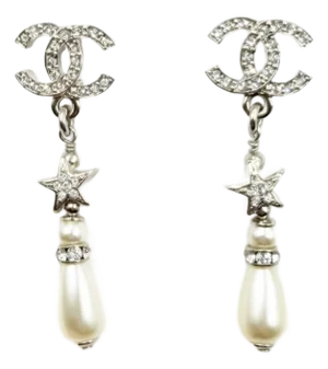 Chanel Brand New Silver CC Crystal Star Tear Drop Pearl Piercing Earrings, A Pair