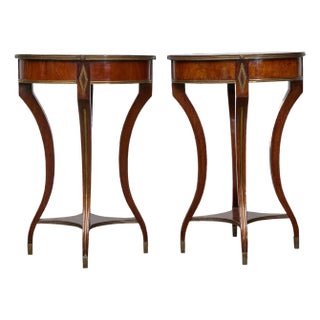 Pair of Italian Neoclassical Style Walnut and Brass Inlaid Oval Guéridon Tables For Sale