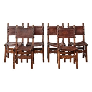 Set of 6 Vintage Rustic Spanish Leather Dining Chairs For Sale