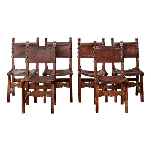Set of 6 Vintage Rustic Spanish Leather Dining Chairs For Sale