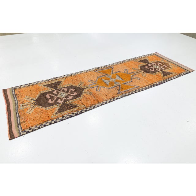 3 X 11 Vintage Turkish Wool Runner in Orange With Geometric Pattern For Sale - Image 4 of 10