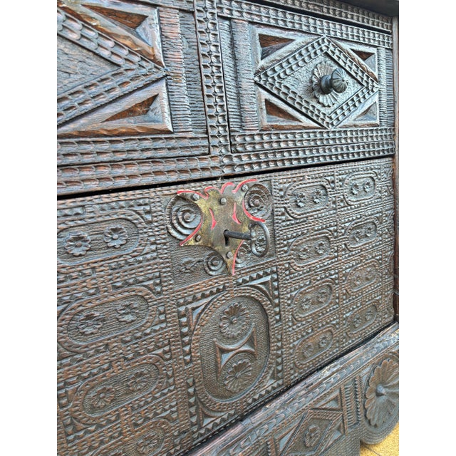Wood Spanish Renaissance Carved Cabinet with Drop-Front Door and Two Drawers, 1880s For Sale - Image 7 of 17