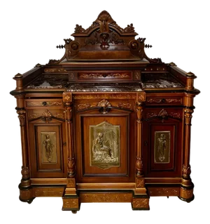Late 19th C. French Renaissance Revival Cabinet W/ Relief Panels & Marble Tops.