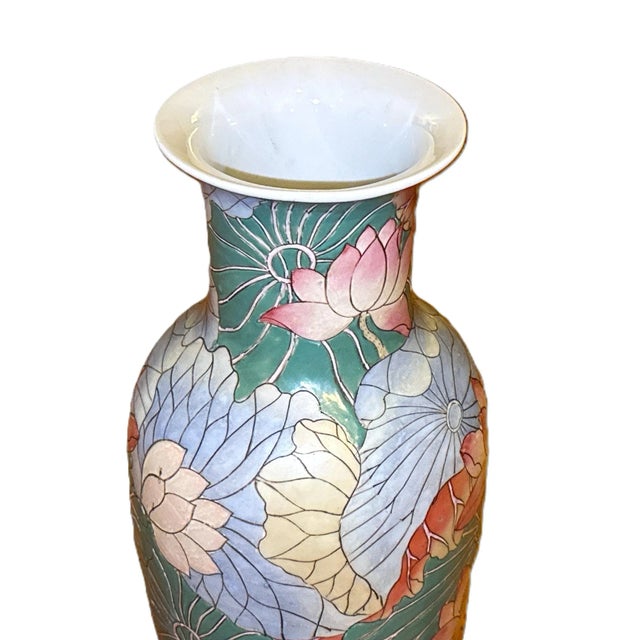 1970's Chinese Enameled Chinoiserie Water Lily Vase For Sale - Image 10 of 11