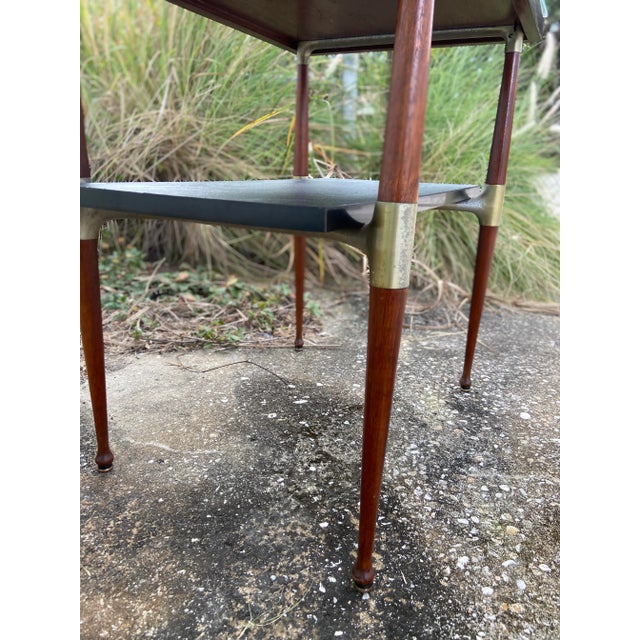 1950s Mid Century Modern Slate + Wood Side Table | Glass Top Cover + Brass Hardware For Sale - Image 5 of 12