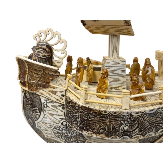 Vintage Asian Cream Bone Inset Treasure Ship Display Art Figure For Sale - Image 10 of 16