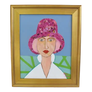 Woman With Pink Hat Portrait Oil & Mixed Media Painting Including the Antiqued Gold Wood Frame.