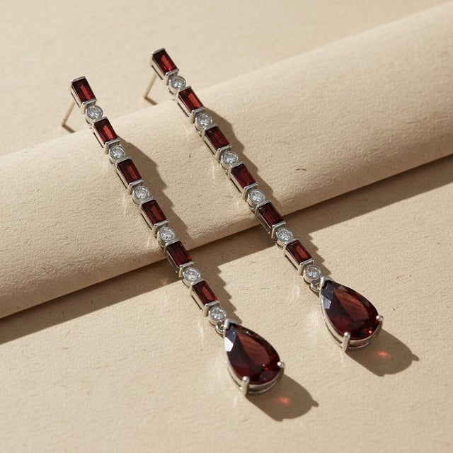 Red Garnet Long Drop Earrings, Silver, Gold, Pair For Sale - Image 8 of 8
