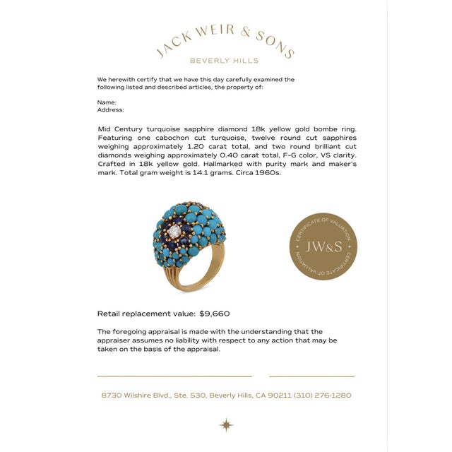 Metal 1960s Mid Century Turquoise Sapphire Diamond 18k Yellow Gold Bombe Ring, Size 5.5 For Sale - Image 7 of 7