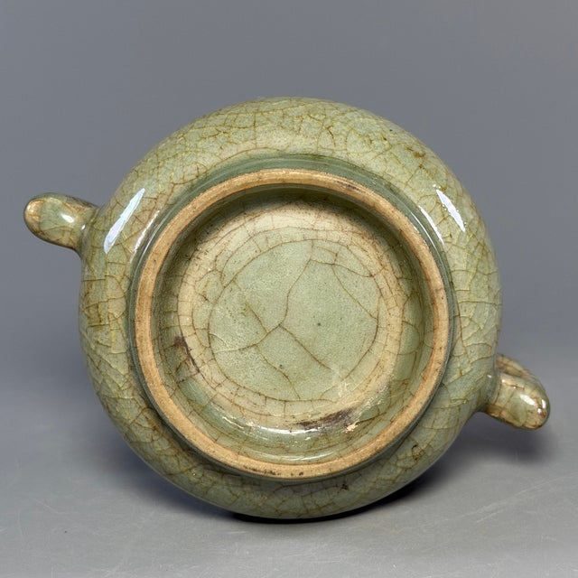Ceramic Vintage‑Style Chinese Longquan Celadon Crackled Censer With Double Handles For Sale - Image 7 of 7