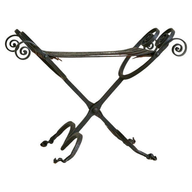 Vintage Spanish Brutalist Wrought Iron + Tooled Leather Folding Stool For Sale - Image 10 of 18