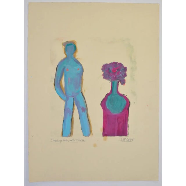 Arthur Krakower "Standing Nude With Flowers" Original Monotype c.2005 This monotype has a generous amount of hand...