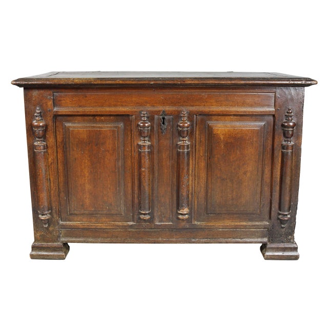 With a hinged top over two panel case with alternating split balusters, panelled sides, block feet.