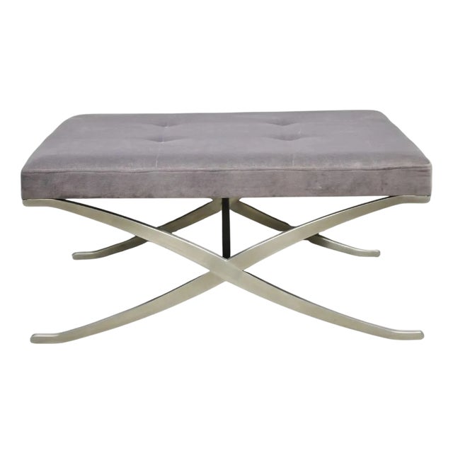 Contemporary Modern Brushed Chrome Frame X-Form Purple Tufted Bench Ottoman For Sale