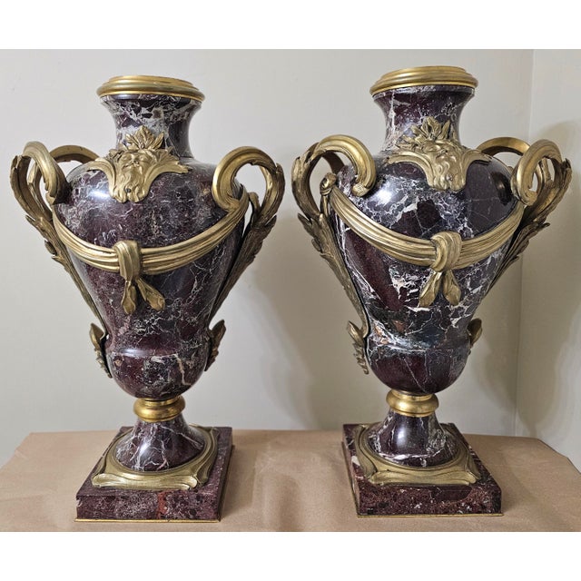 Pair Early 20th C. Louis XVI Style Mottled Lavender Marble and Gilt Bronze Ormolu Covered Urns For Sale - Image 13 of 13
