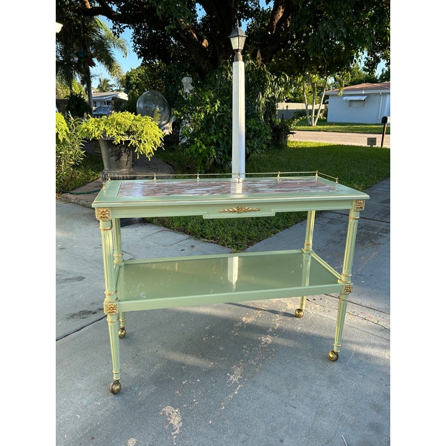 1940s Louis XVI Style Cypress Wood Serving Cart With Marble Inlay and Gilt Details For Sale - Image 11 of 11