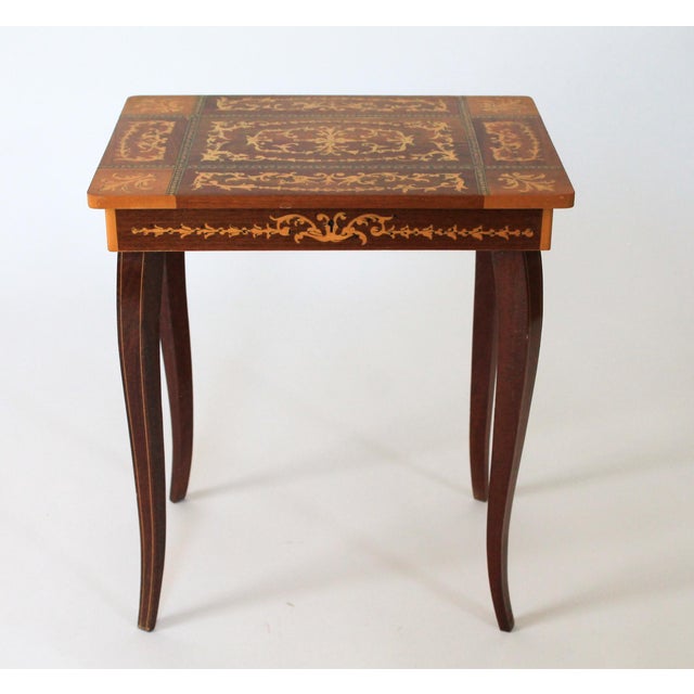 Hollywood Regency Vintage Italian Marquetry Musical Jewelry Box Side Table For Sale - Image 3 of 12