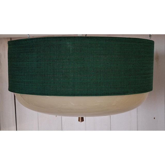 Mid-Century Ceiling Lamp with Cream-White Glass Shade in a Green Fabric Shade, 1960s, in Good conditions. Designed 1960 to...