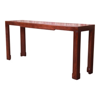 Baker Furniture Mid-Century Hollywood Regency Oak and Burl Wood Console Table For Sale