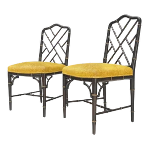 Mid-Century Modern Decorative Ebonized Walnut Faux Bamboo Side Chairs - A Pair