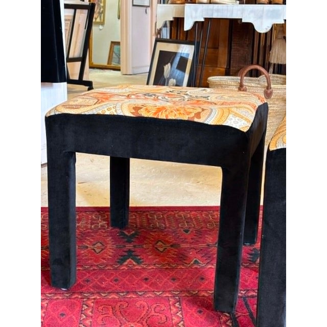 Orange Pair Mid Century Orange and Black Ottomans Upholstered in the Manner of Jack Lenor Larsen For Sale - Image 8 of 9