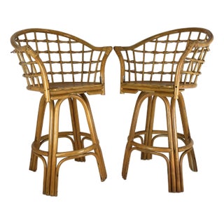 Vintage Rattan Swivel Bar Stools Set of 2 For Sale