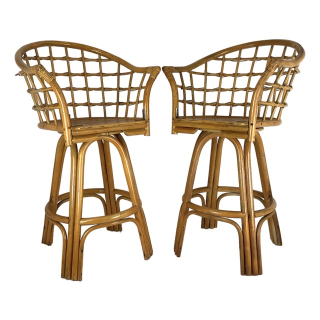 Vintage Rattan Swivel Bar Stools Set of 2 For Sale