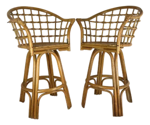 Vintage Rattan Swivel Bar Stools Set of 2