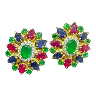 Natural Emerald, Ruby, Sapphire, & Diamond Earring in 14k Gold For Sale