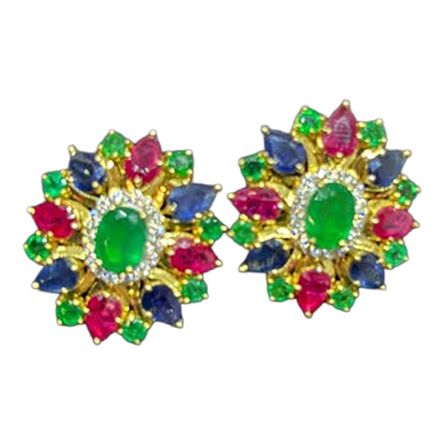 Natural Emerald, Ruby, Sapphire, & Diamond Earring in 14k Gold For Sale