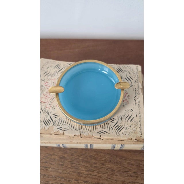 Vintage Murano Opaline Glass Ashtray Turquoise Blue Brass Rim Italian Mid Century Decorative Catchall Trinket Dish For Sale - Image 6 of 13