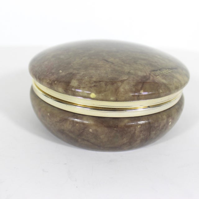 Vintage Italian Hand Carved Alabaster Lidded Trinket Box Brown Marble Stone Signed For Sale - Image 9 of 9