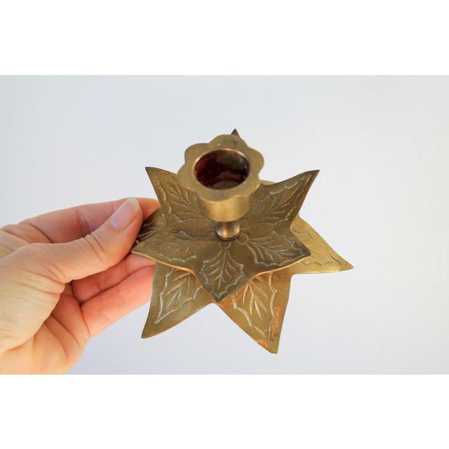 Pair of Vintage Brass Holly Leaf Taper Candle Holders For Sale - Image 4 of 8