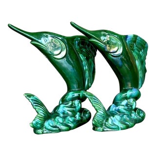 Vintage Coastal Royal Haeger Glazed Ceramic Marlin Vase - a Pair For Sale