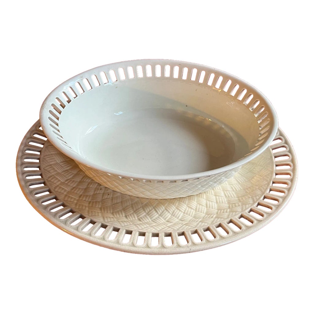 Lot De 24 Pièces Vaisselle Wedgwood Osier Creamware - Doré & Blanc - Vintage 1906